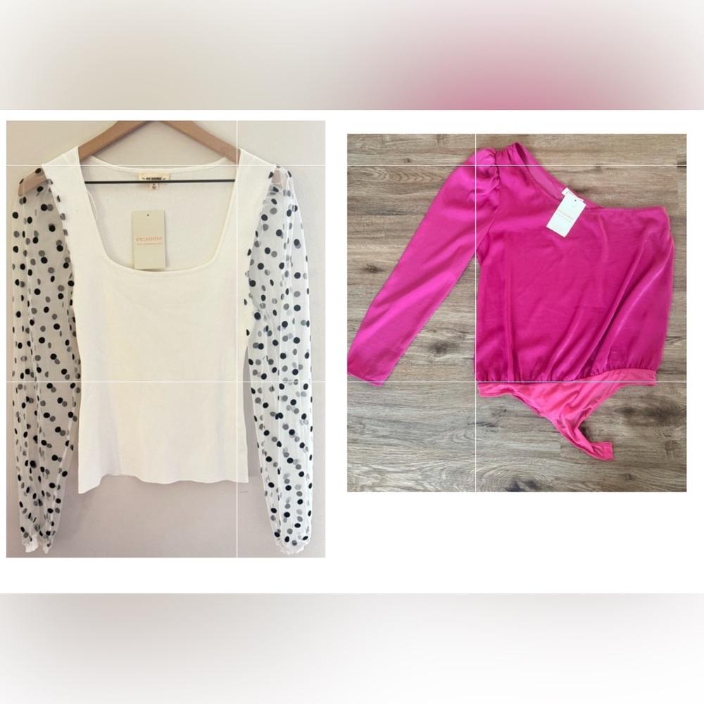 Eesome Black & White Puff Sleeve Blouse and Pink One-Shoulder Bodysuit both NWT